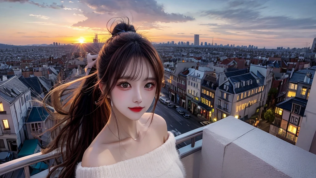 1 beautiful sweet girl,fluffy off shoulder crop top. fish eye, selfie, wind, straight long hair, high ponytail, sunset, city scape, (Aesthetics and atmosphere:1.2),Detailed, realistic faces