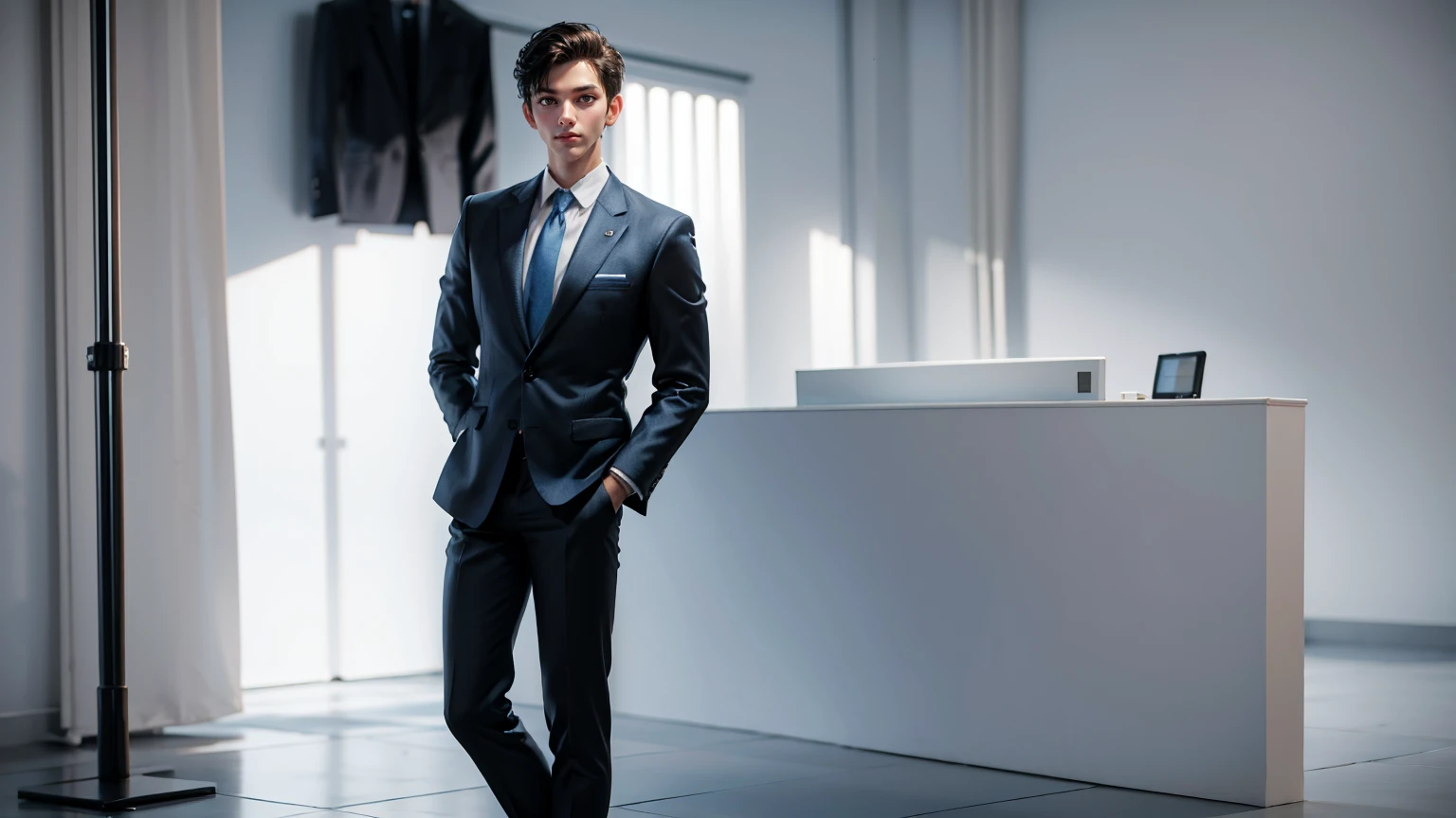 full body straight standing pose a young man, handsome, businessman blue suit, entrepreneur man, white background, simple white background,