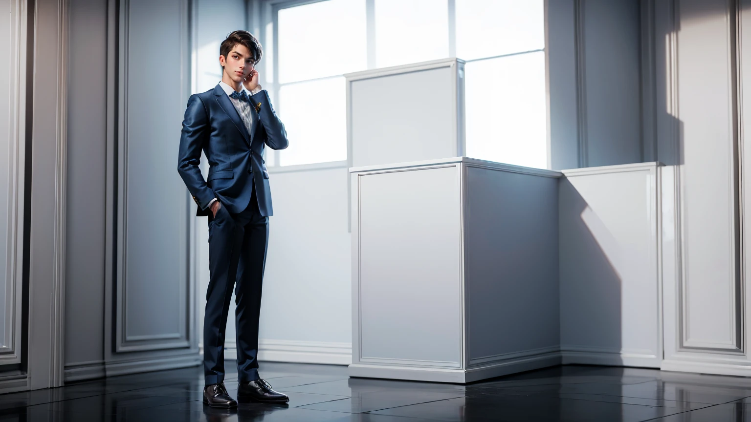 full body straight standing pose a young man, handsome, businessman blue suit, entrepreneur man, white background, simple white background,