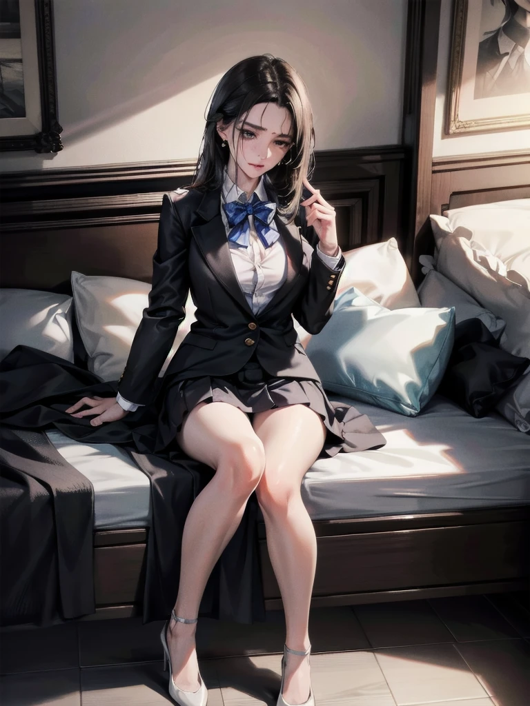 absurdres, RAW photo, extremely delicate and beautiful, masterpiece, Best Quality, ultra high resolution, 32k, hyperrealistic, ultra-detailed, in her 20s, delicate facial features, tearful mole, earring, medium breasts, full body shot, shorter middle hair, black hair, school_uniform, blazer,