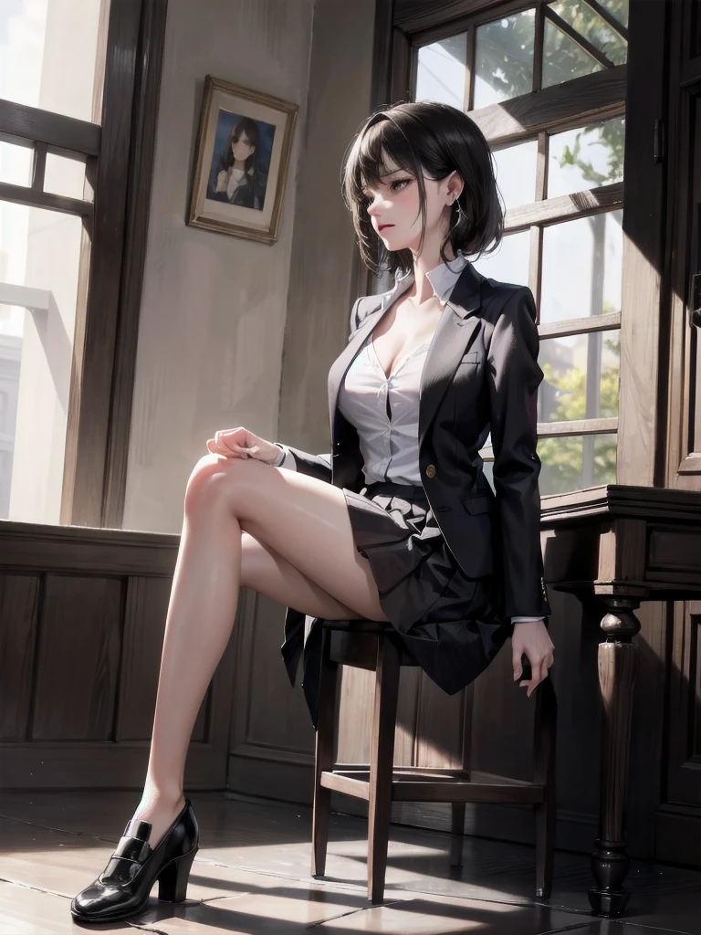 absurdres, RAW photo, extremely delicate and beautiful, masterpiece, Best Quality, ultra high resolution, 32k, hyperrealistic, ultra-detailed, in her 20s, delicate facial features, tearful mole, earring, medium breasts, full body shot, shorter middle hair, black hair, school_uniform, blazer,