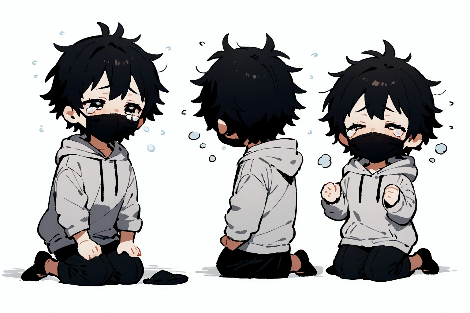 masterpiece,chibi,1man, tareme, black hair, mouth mask, full body, white background, simple background, very short hair, messy hair, hoodie, kneeling, cry,