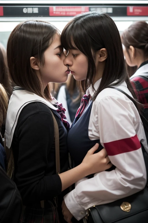 two girls crushed each other, angry look, stare, face to face, collide symmetrically, kiss, close contact on crowded train, pressed girls, two girls can't move in the crowd, crowded train full of girls, reluctantly kiss, glare, no gap between girl and girl, girls found themselves pressed against each other