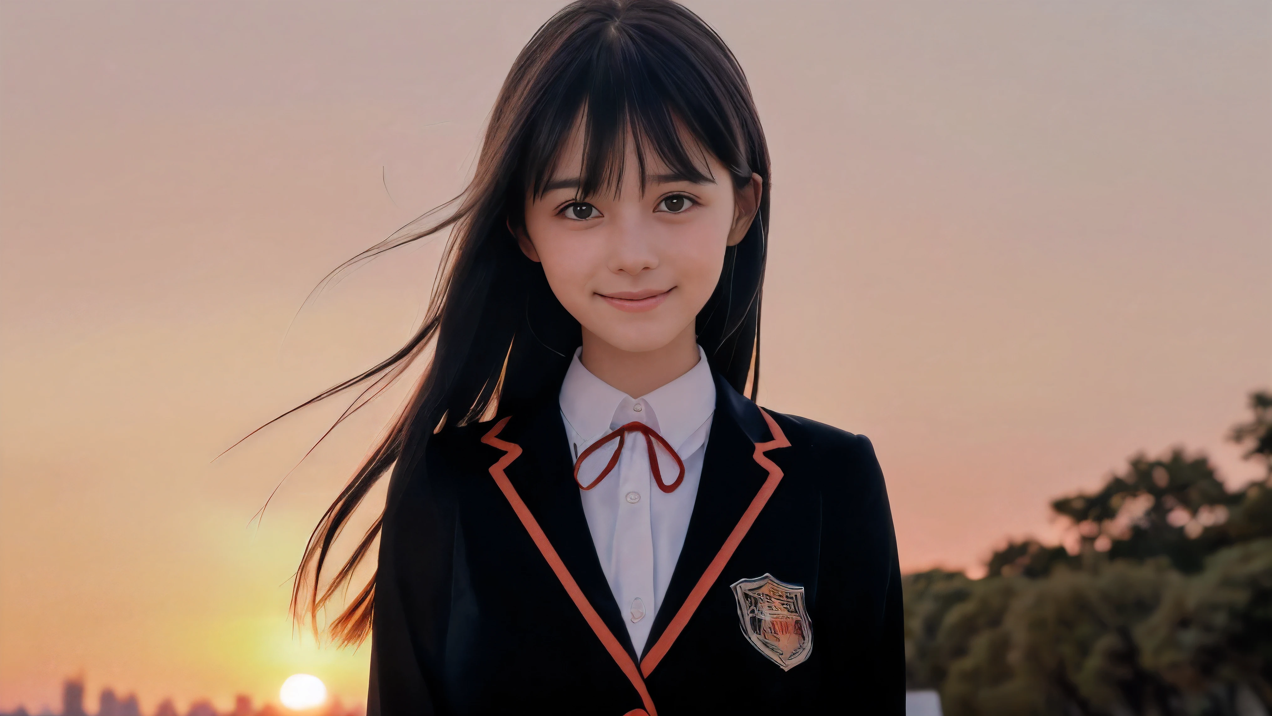 (Close up face shot of one slender small breasts two side up black medium hair bangs girl with crying little smile face in long sleeves black school uniform:1.5)、(One girl is turn around at sunset red sky with her face is reflected sunset light and her hair is blowing in long sleeves black school uniform:1.5)、(Beautiful red sunset sky at skyscraper city landscape:1.5)、(Natural lighting:1.5)、(8k ultra detailed master piece:1.5)、(perfect anatomy:1.5)、(Photorealistic stick:1.5)、(Raw photo:1.3)、(highest quality:1.5)、(High resolution:1.3)、(Delicate and beautiful perfect face:1.3)、(Delicate and beautiful eye air skin:1.3)、(Real Human Skin:1.3)、((thin legs))