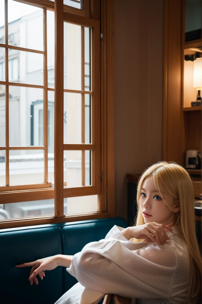 Blonde hair and blue eyes are in line with Asian aesthetics，Sitting by the window of a cafe，Looking at you outside the window，show enthusiasm