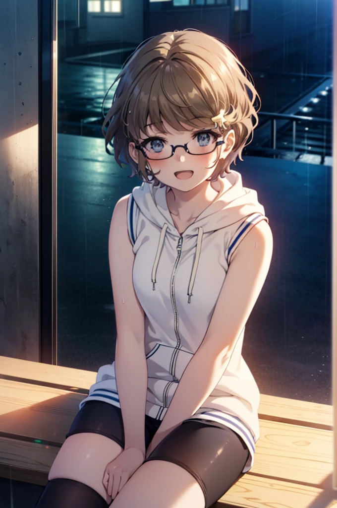 tomoekoga, Chie Koga, short hair, Brown Hair, blue eyes, Hair clip happy smile, smile, Open your mouth,Sleeveless hoodie,Baseball hats,Black-rimmed glasses,Shorts,black tights,short boots,rain,night,Hiding in a roofed building,Sitting on the steps of a building,So that the whole body goes into the illustration,
break indoors, classroom,
break looking at viewer, (Cowboy Shot:1.5),
break (masterpiece:1.2), Highest quality, High resolution, unity 8k wallpaper, (figure:0.8), (Beautiful attention to detail:1.6), Highly detailed face, Perfect lighting, Highly detailed CG, (Perfect hands, Perfect Anatomy),