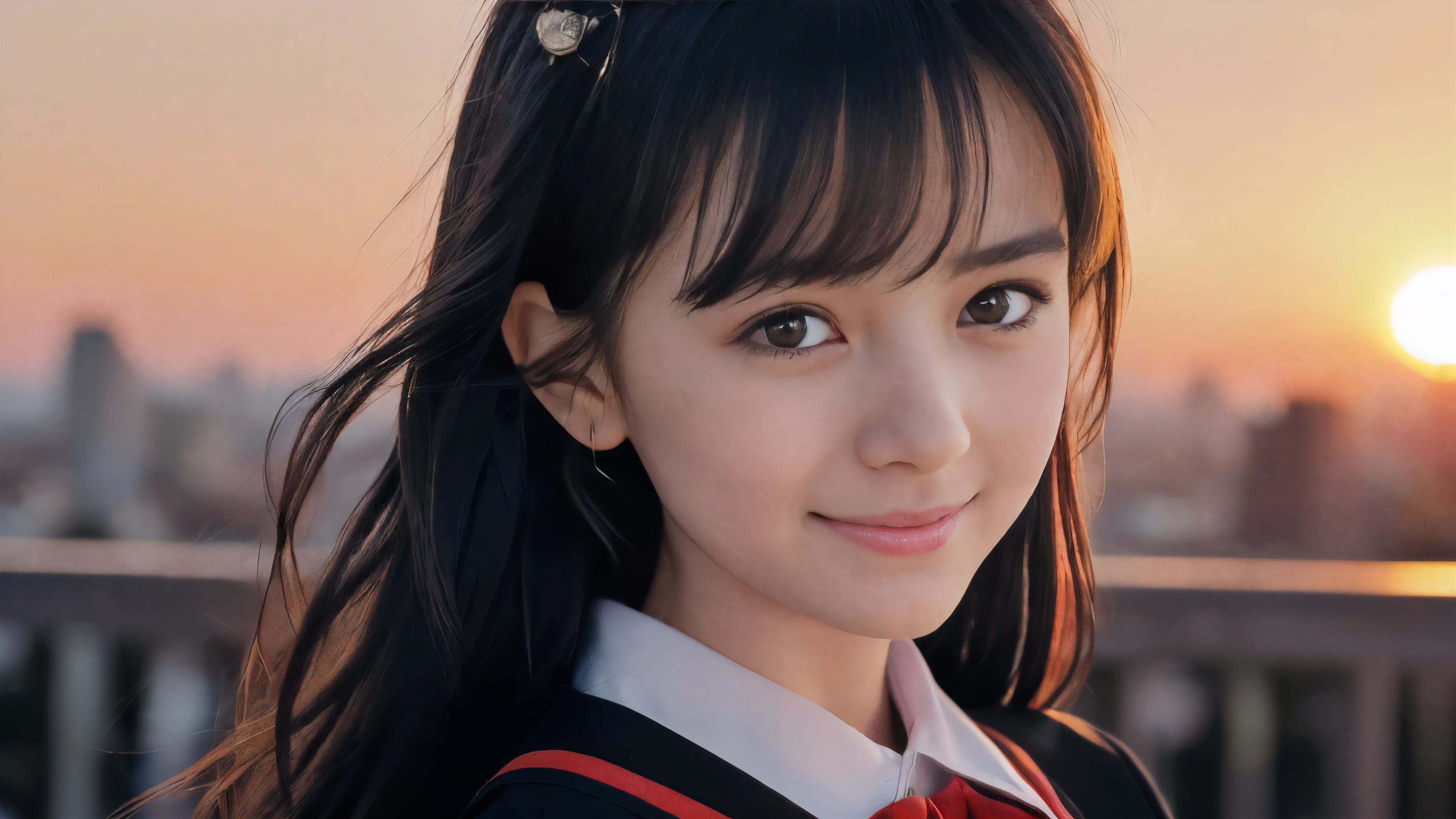 (Close up face shot of one slender small breasts two side up black medium hair bangs girl with crying little smile face in long sleeves black school uniform:1.5)、(One girl is turn around at sunset red sky with her face is reflected sunset light and her hair is blowing in long sleeves black school uniform:1.5)、(Beautiful red sunset sky at skyscraper city landscape:1.5)、(Natural lighting:1.5)、(8k ultra detailed master piece:1.5)、(perfect anatomy:1.5)、(Photorealistic stick:1.5)、(Raw photo:1.3)、(highest quality:1.5)、(High resolution:1.3)、(Delicate and beautiful perfect face:1.3)、(Delicate and beautiful eye air skin:1.3)、(Real Human Skin:1.3)、((thin legs))