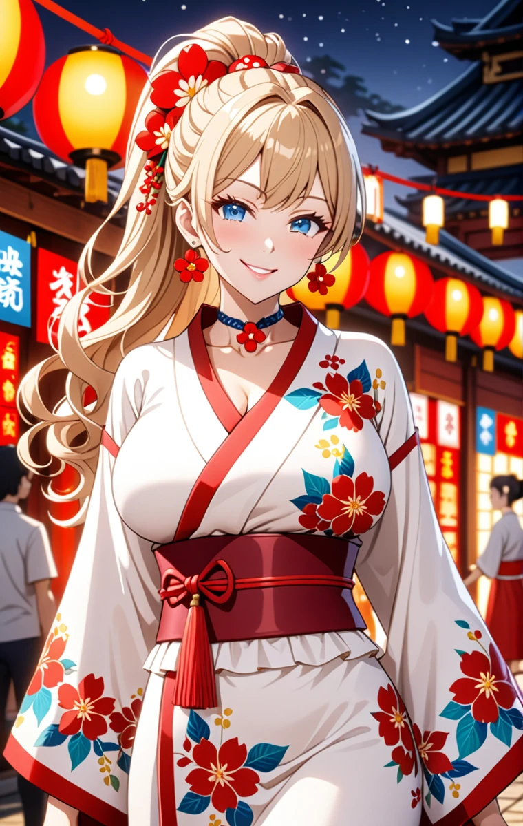 ((one girl)), hyper detailed, absurdres, 8K,Cute face, Beautiful Face, (Laugh shyly), ((teasing smile:1.8)), ((Wink:1.8)), (Laugh with your mouth wide open),(Tilt your head:1.3),  View your viewers, ((Bright red cheeks:1.6)),Glossy Red Lips, ((Big Breasts:1.5)) night, Shrine festival stalls, (Brighten your face), ((Anime style background)),masterpiece, Highest quality, so beautiful,Latest, Complex details, (Pink long nails), (nail art), (ring),(bracelet), (Floral Choker),AI-generated, Complex,High resolution, Highest quality, super high quality,3D Images、3D Images,One person,Blonde long hair,(High Ponytail), (Wavy Hair), Anime woman posing for a photo, ((Fine grain、blue eyes、Shining Eyes:1.6)), (Squint your eyes:1.1),a hyperRealistic , hyperRealistic , Realistic,Long blonde anime woman, Smooth anime CG art, Pink large floral patternの刺繍が入った、A girl in a gorgeous kimono, ((White long-sleeved kimono)),(Pink large floral pattern) ,Long flower hair ornament,Floral Earrings,Mature Body, expensive,Abdominal muscles,Tight waist,((Zoom in on face:2.1), (front view),