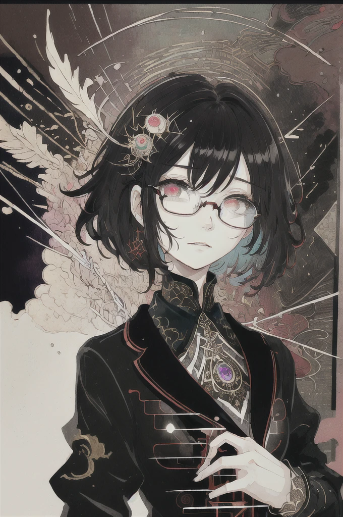 ((Highest quality)), (((masterpiece))), (High resolution), original,Glasses、Glasses、rain、rain、 Highly detailed 8k wallpaper, (Very delicate and beautiful),((Highest quality)),Limited edition palette, style style style style gird, (style:(style:1.5)(style:1.5)1.5), Limited edition palette,[flat_stylechest, black style eyes, long style red hair, Black choker around the neck、style eyes,Floating black t-shirt), feather over style]style, (Double exposure:1.3),(Glitch Hair+++),(Glitch meets dark hair),[Very delicate and beautiful girl who with scarf,feather],(Beautiful and detailed red eyes),world masterpiece theater,whole body,cyber punk, 