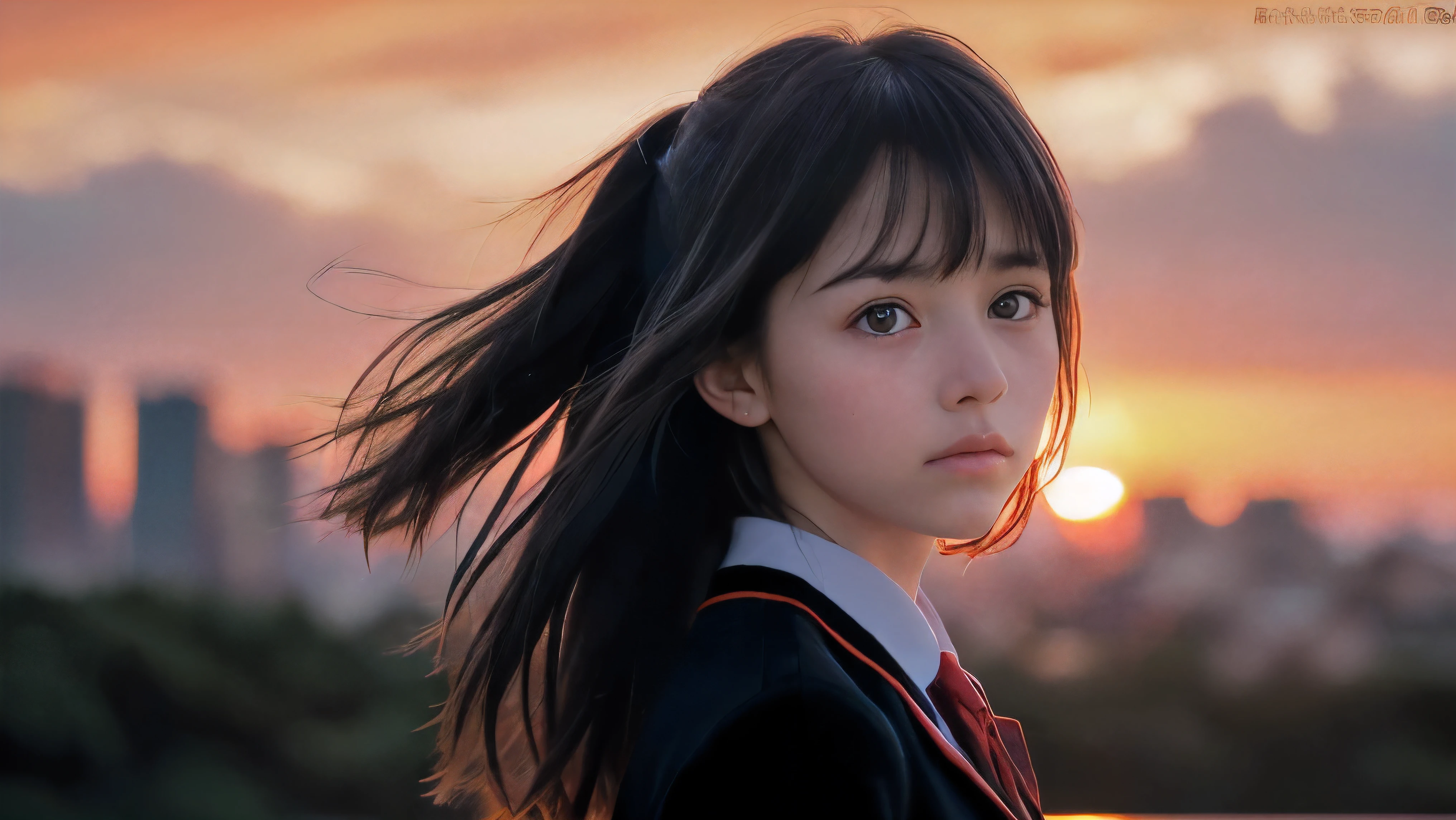 (Close up face shot of one slender small breasts two side up black medium hair bangs girl with crying face in long sleeves black school uniform:1.5)、(One girl is turn around at sunset red sky with her face is reflected sunset light and her hair is blowing in long sleeves black school uniform:1.5)、(Beautiful red sunset sky at skyscraper city landscape:1.5)、(8k ultra detailed master piece:1.5)、(Natural lighting:1.5)、(perfect anatomy:1.5)、(Photorealistic stick:1.5)、(Raw photo:1.3)、(highest quality:1.5)、(High resolution:1.3)、(Delicate and beautiful perfect face:1.3)、(Delicate and beautiful eye air skin:1.3)、(Real Human Skin:1.3)、((thin legs))