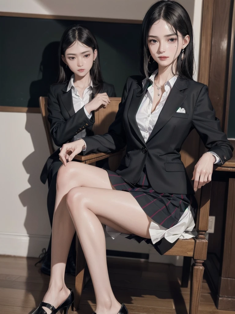 absurdres, RAW photo, extremely delicate and beautiful, masterpiece, Best Quality, ultra high resolution, 32k, hyperrealistic, ultra-detailed, in her 20s, delicate facial features, tearful mole, earring, medium breasts, full body shot, shorter middle hair, black hair, school_uniform, blazer,