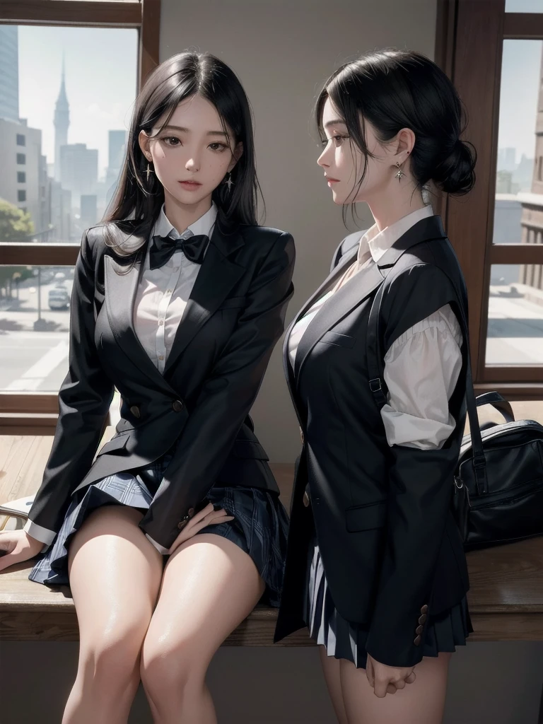 absurdres, RAW photo, extremely delicate and beautiful, masterpiece, Best Quality, ultra high resolution, 32k, hyperrealistic, ultra-detailed, in her 20s, delicate facial features, tearful mole, earring, medium breasts, full body shot, shorter middle hair, black hair, school_uniform, blazer,