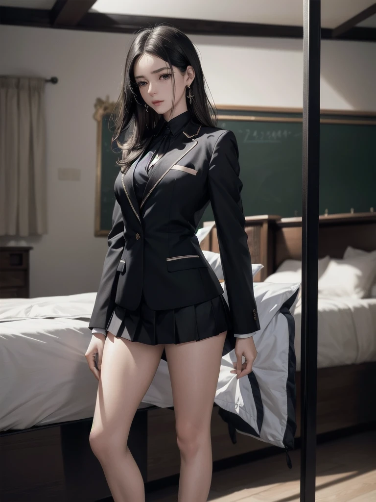 absurdres, RAW photo, extremely delicate and beautiful, masterpiece, Best Quality, ultra high resolution, 32k, hyperrealistic, ultra-detailed, in her 20s, delicate facial features, tearful mole, earring, medium breasts, full body shot, shorter middle hair, black hair, school_uniform, blazer,