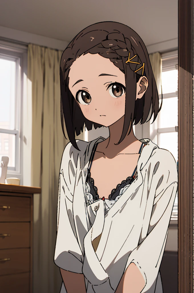 masterpiece, highres, 1girl, short hair, TokoUsagiharaR4, brown hair, brown eyes,, braid, brown eyes, brown hair, forehead,, hair ornament, hairclip,, looking at viewer, bra,panties,my room