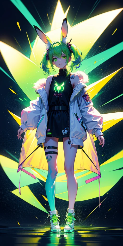 Rabbit technique , Science Fiction, Fluffy ,
1 girl, Tattoo, Glowing tattoo, Glowing eyes, Colorful glowing hair , Full body love, Green Hair,
Kawaiitech, Soft colors, Kawaii, Lovely colors,