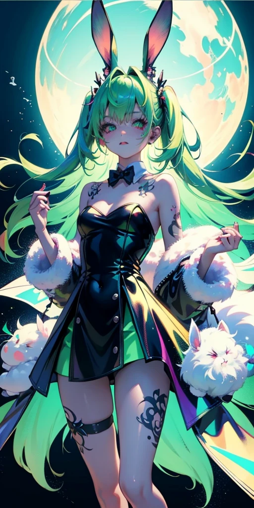 Rabbit technique , Science Fiction, Fluffy ,
1 girl, Tattoo, Glowing tattoo, Glowing eyes, Colorful glowing hair , Full body love, Green Hair,
Kawaiitech, Soft colors, Kawaii, Lovely colors,