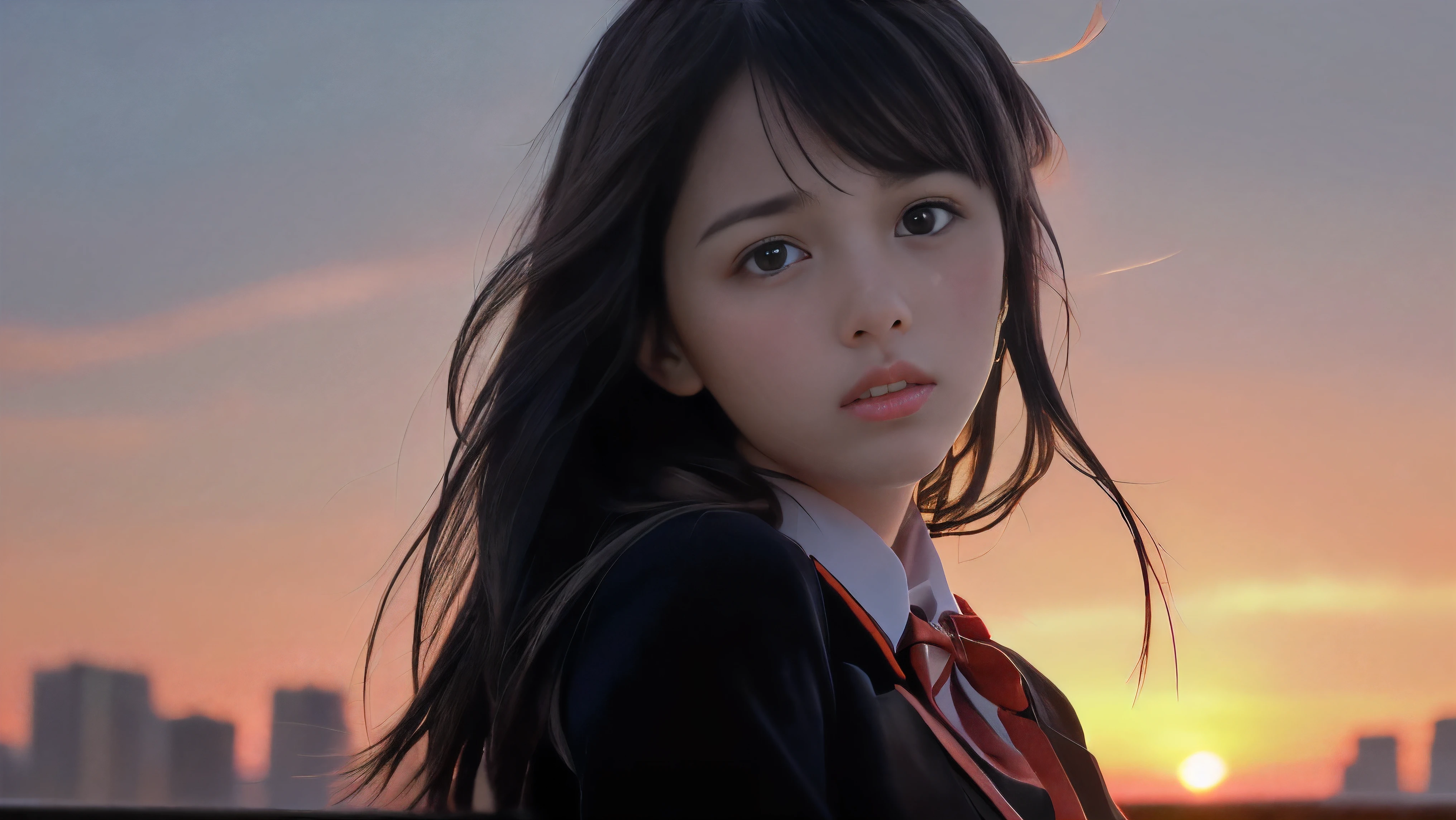 (Close up face shot of one slender small breasts two side up black medium hair bangs girl with crying face in long sleeves black school uniform:1.5)、(One girl is turn around at sunset red sky with her face is reflected sunset light and her hair is blowing in long sleeves black school uniform:1.5)、(Beautiful red sunset sky at skyscraper city landscape:1.5)、(8k ultra detailed master piece:1.5)、(Natural lighting:1.5)、(perfect anatomy:1.5)、(Photorealistic stick:1.5)、(Raw photo:1.3)、(highest quality:1.5)、(High resolution:1.3)、(Delicate and beautiful perfect face:1.3)、(Delicate and beautiful eye air skin:1.3)、(Real Human Skin:1.3)、((thin legs))