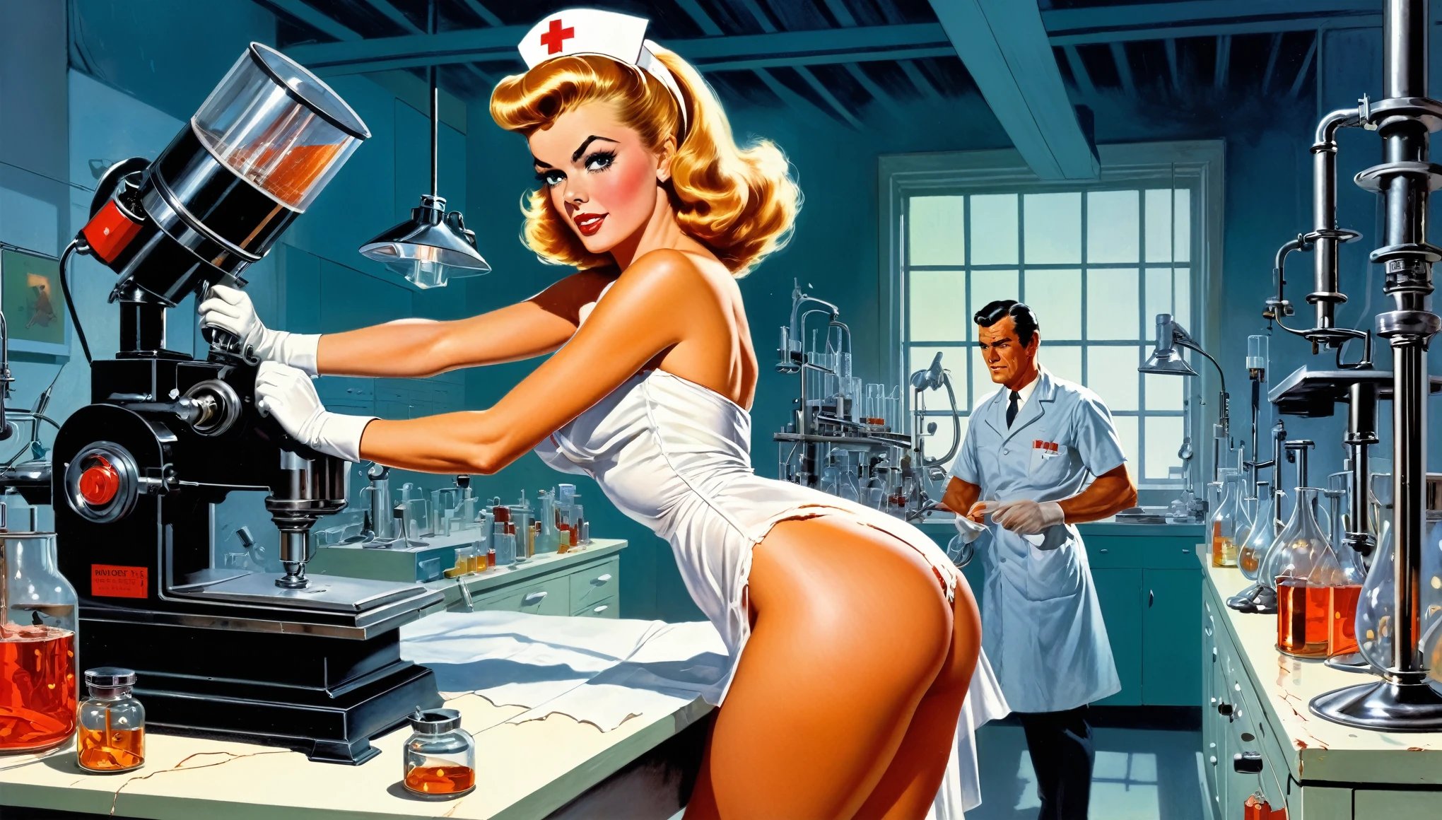 ((evil nurse in laboratory, girl in shredded dress, underwear, hacksawing her arm off))) by Mort Kunstler, by Norman Saunders, By Basil Gorgos, by Frank Frazetta, by Bernie wrightson, Fumetti style, 50s 60s aesthetic, Men's action magazine vibe, very vintage retro, lurid and vivid colors, soft lighting, medium contrast, HD, 8x, intricately detailed, ripped borders, torn and wrinkled pages