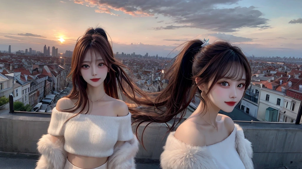 1 beautiful sweet girl,fluffy off shoulder crop top. fish eye, wind, straight long hair, high ponytail, sunset, city scape, (Aesthetics and atmosphere:1.2),Detailed, realistic faces
