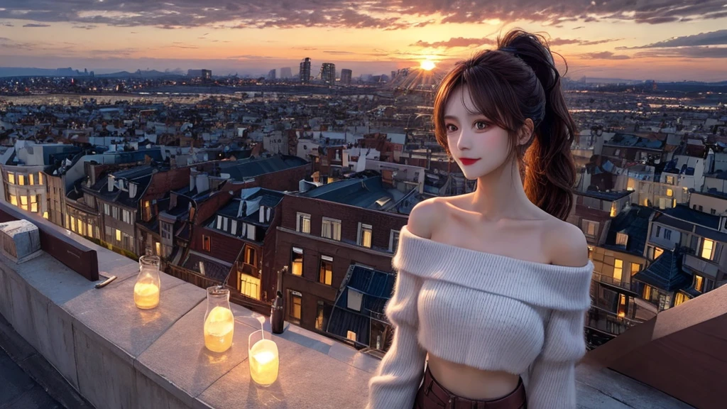 1 beautiful sweet girl,fluffy off shoulder crop top. fish eye, wind, straight long hair, high ponytail, sunset, city scape, (Aesthetics and atmosphere:1.2),Detailed, realistic faces
