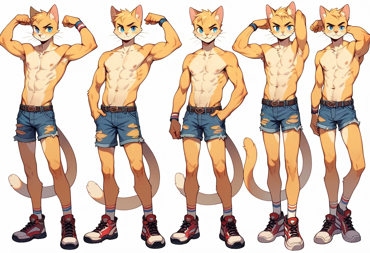 score_9, score_8_up, score_7_up, full length, high quality, hires, anthro, male, ager, 16 ymestic cat, yellow fur, blue eyes, slender body, chiseled v-line, toned slender legs, chiseled knees, low-rise denim ripped shorts, white background, treasure trail, flexing arms, armpit hair