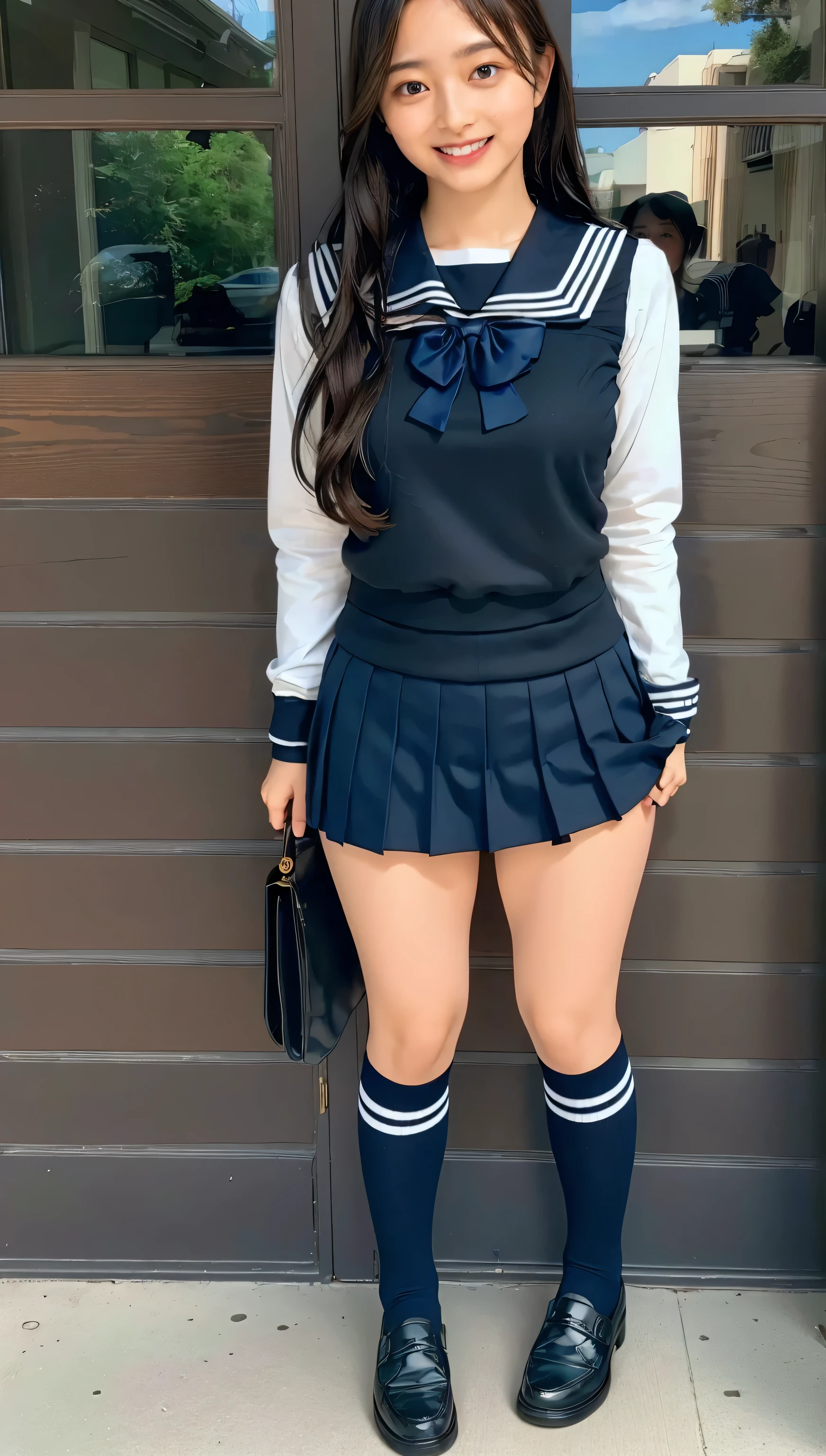 ((highest quality、8k、masterpiece:1.3)),((((fullbody shot)))),Ultra-high resolution,big eyes,Japanese,forehead,bangs,(a girl),(1 girl),((20 years old)),((facing at viewer)),(long hair),(((black sailor uniform))),(grin),((standing)),(loafers),(pleated mini skirt),((skirt lift))