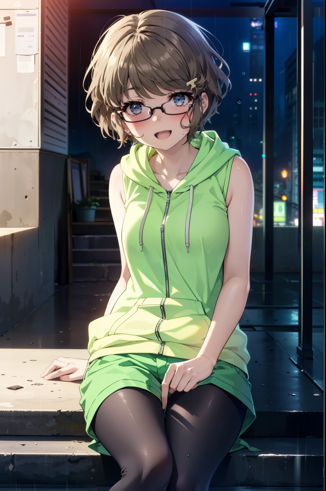 tomoekoga, Chie Koga, short hair, Brown Hair, blue eyes, Hair clip happy smile, smile, Open your mouth,Sleeveless hoodie,Baseball hats,Black-rimmed glasses,Shorts,black tights,short boots,rain,night,Hiding in a roofed building,Sitting on the steps of a building,So that the whole body goes into the illustration,
break indoors, classroom,
break looking at viewer, (Cowboy Shot:1.5),
break (masterpiece:1.2), Highest quality, High resolution, unity 8k wallpaper, (figure:0.8), (Beautiful attention to detail:1.6), Highly detailed face, Perfect lighting, Highly detailed CG, (Perfect hands, Perfect Anatomy),