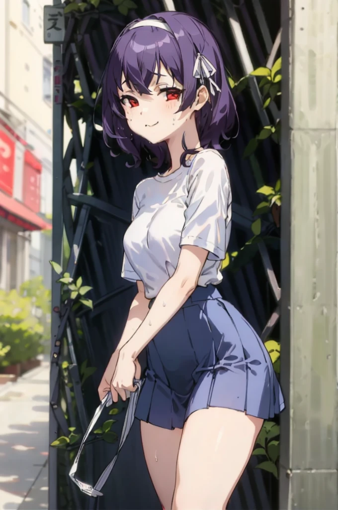 ,1girl, looking at viewer,
yamanobe tomo, purple hair, red eyes, medium hair,  , hairband,white shirts, short sleeves, blue skirt, high waist skirt,,, ,socks,standing,,outdoor,sweating,no bra