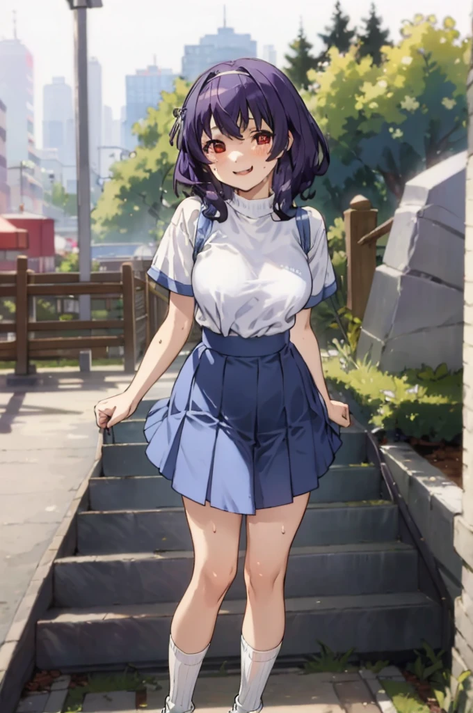 ,1girl, looking at viewer,
yamanobe tomo, purple hair, red eyes, medium hair, , hairband,white shirts, short sleeves, blue skirt, high waist skirt,,, ,socks,standing,,outdoor,sweating,no bra