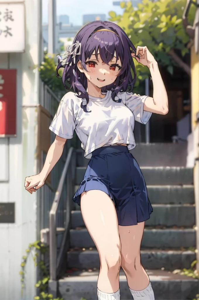 ,1girl, looking at viewer,
yamanobe tomo, purple hair, red eyes, medium hair,  , hairband,white shirts, short sleeves, blue skirt, high waist skirt,,, ,socks,standing,,outdoor,sweating,no bra