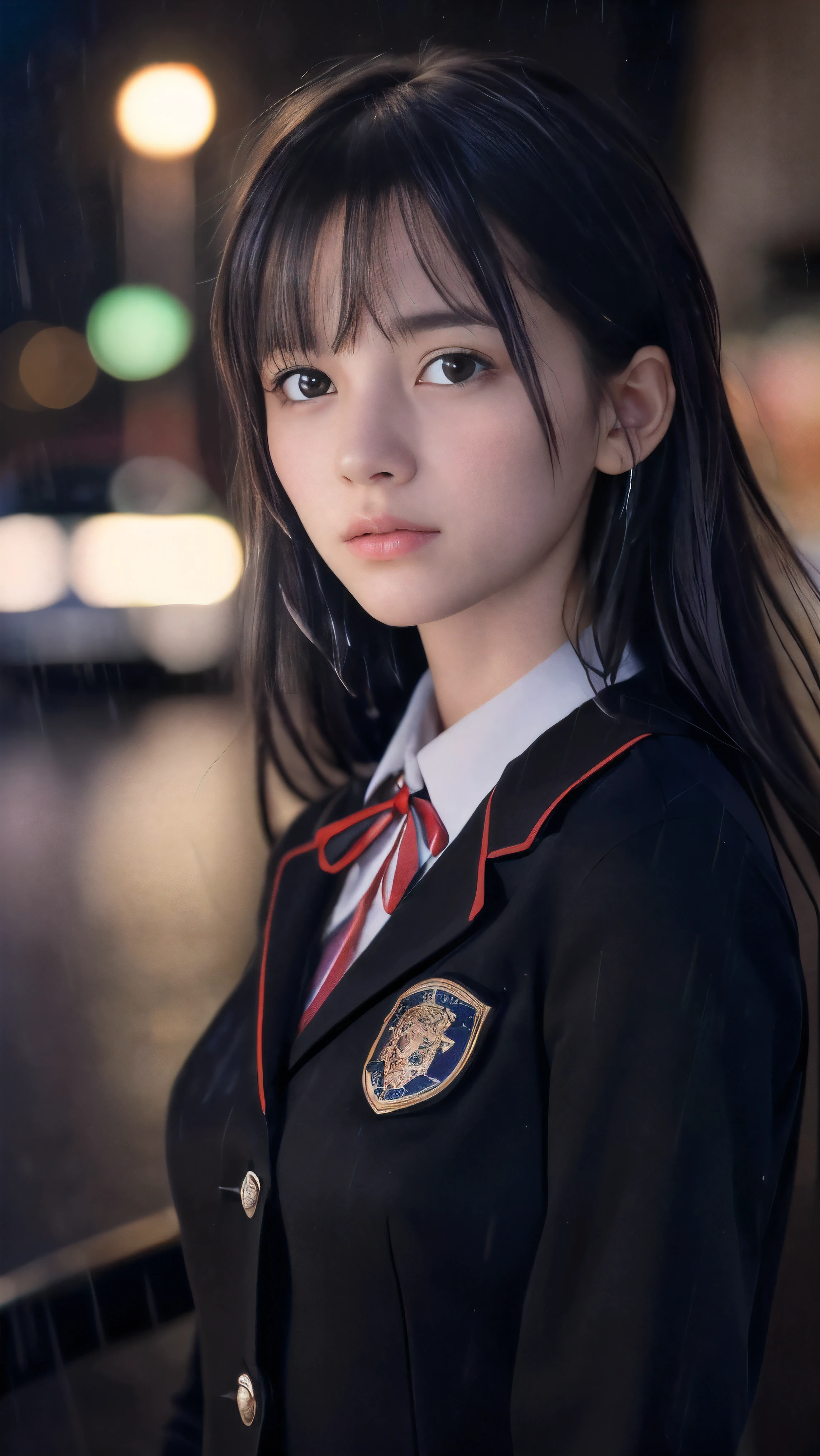 (Close up face shot of one slender small breasts two side up black medium hair bangs girl in long sleeves black school uniform:1.5)、(One girl is looking up the sky with crying face in the heavy rain midnight:1.5)、(Many car head lights are visible at skyscraper city landscape in midnight:1.5)、(8k ultra detailed master piece:1.5)、(Natural lighting:1.5)、(perfect anatomy:1.5)、(Photorealistic stick:1.5)、(Raw photo:1.3)、(highest quality:1.5)、(High resolution:1.3)、(Delicate and beautiful perfect face:1.3)、(Delicate and beautiful eye air skin:1.3)、(Real Human Skin:1.3)、((thin legs))