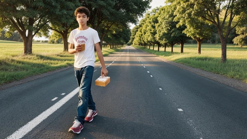 A 17 year old boy is walking on the road holding a cake in his hands, cartoon