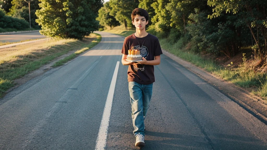 A 17 year old boy is walking on the road holding a cake in his hands, cartoon 