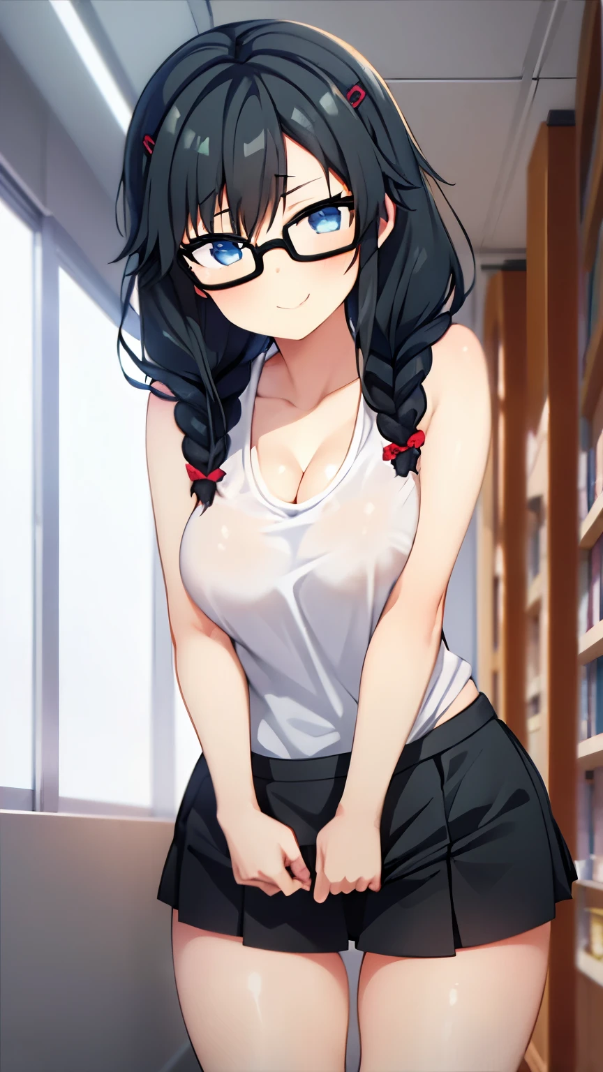 1girl,alone,sumireko sanshokuin,masterpiece,best quality,anime screenshot,black hair,red barrette,blue eyes,black glasses,medium hair,school,library,standing,good lighting,white shirt,tank shirt , cleavage, black shorts, short shorts, black shoes, embarrassed, seductive, smiling, closed mouth, sexy body, big breasts, medium waist, medium thighs, round butt, looking at the viewer, from front, pov (from below), NFSW, exposed breast, showing nipple, lewd, sexy, showing breast, nude