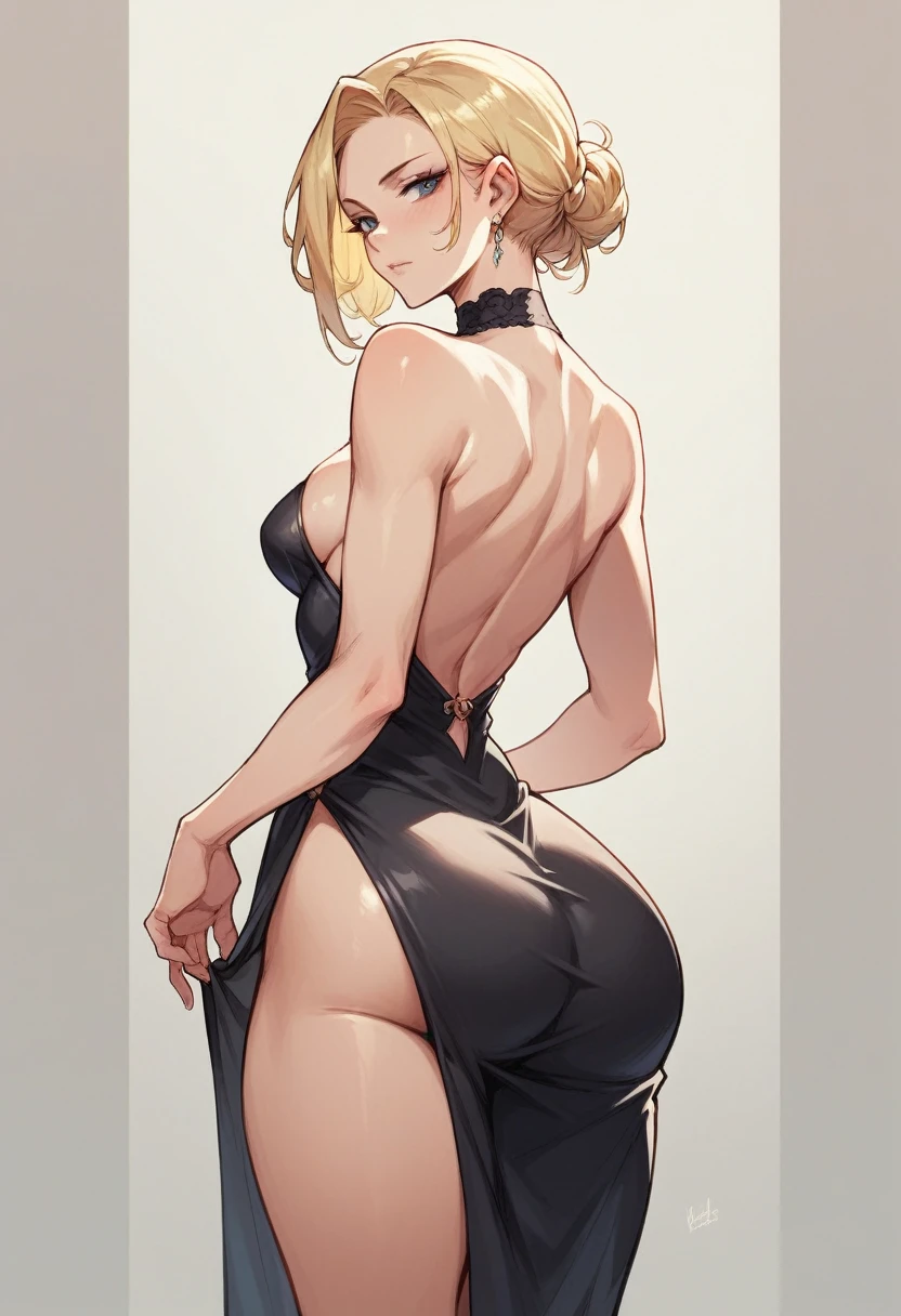 blonde girl in a sexy elegant black dress, medium chest, big butt