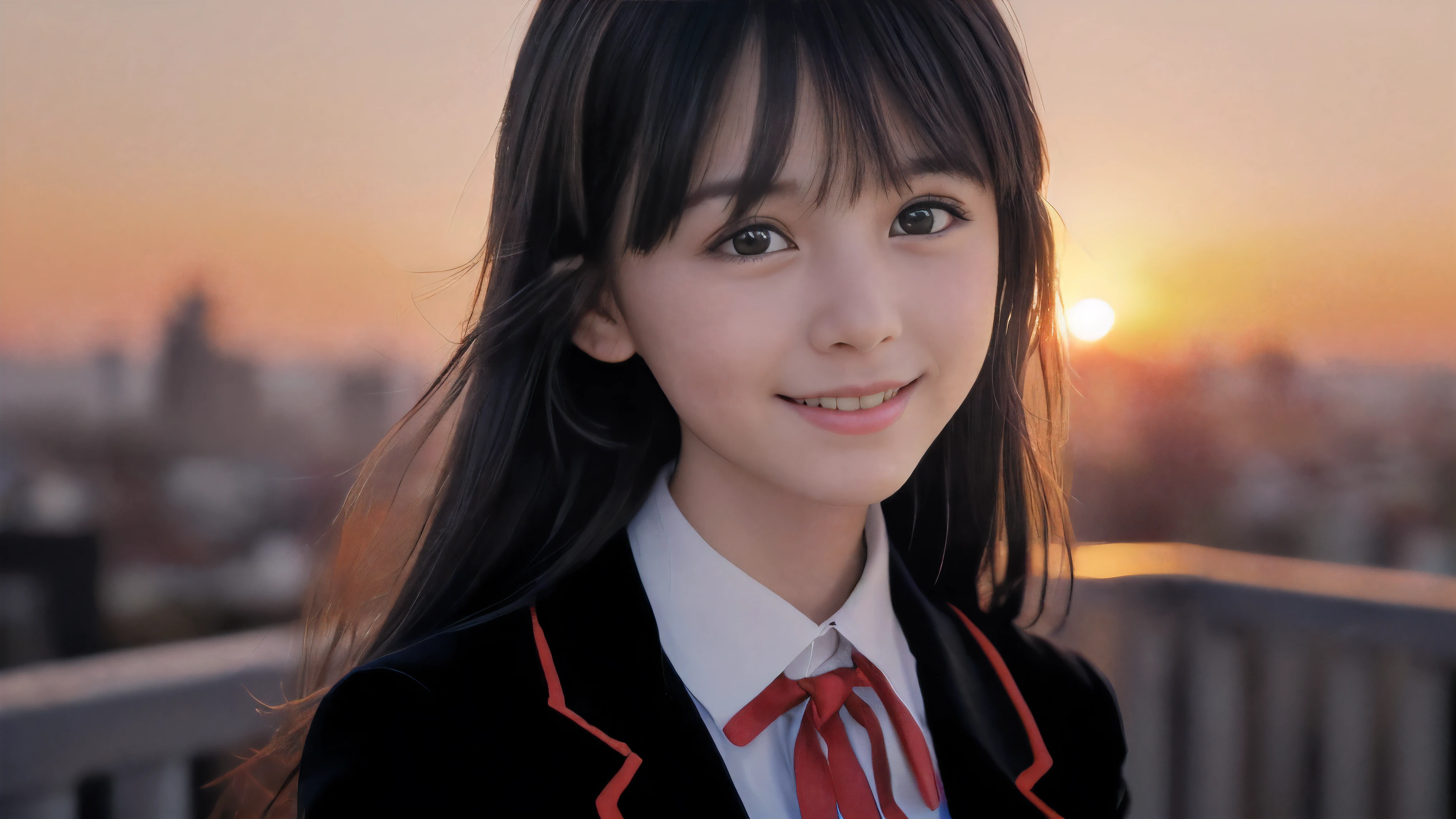 (Close up face shot of one slender small breasts two side up black medium hair bangs girl with crying little smile face in long sleeves black school uniform:1.5)、(One girl is turn around at sunset red sky with her face is reflected sunset light and her hair is blowing in long sleeves black school uniform:1.5)、(Beautiful red sunset sky at skyscraper city landscape:1.5)、(Natural lighting:1.5)、(8k ultra detailed master piece:1.5)、(perfect anatomy:1.5)、(Photorealistic stick:1.5)、(Raw photo:1.3)、(highest quality:1.5)、(High resolution:1.3)、(Delicate and beautiful perfect face:1.3)、(Delicate and beautiful eye air skin:1.3)、(Real Human Skin:1.3)、((thin legs))