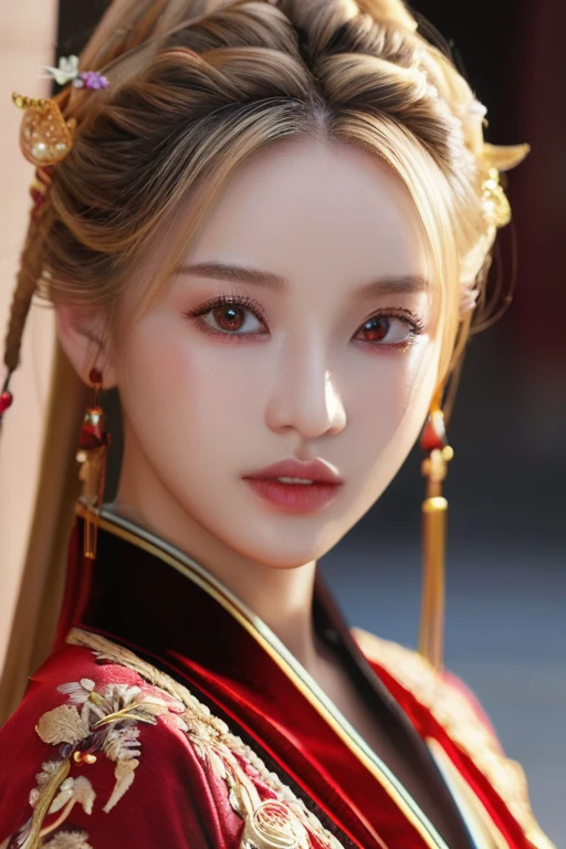 Fei Yu_robes, depth of field, The lines are thin and smooth., see the whole body, 4K resolution, Highly detailed, realistic, red cloth, exquisite face, blonde hair, red eyes, long hair, braid, beautiful girl, Full show, Gold Embroidery， black embroidered gold，big breasts, high ponytail， depth of field, high resolution, 1 woman, beautiful eyes, robesจีน, Fei Yu