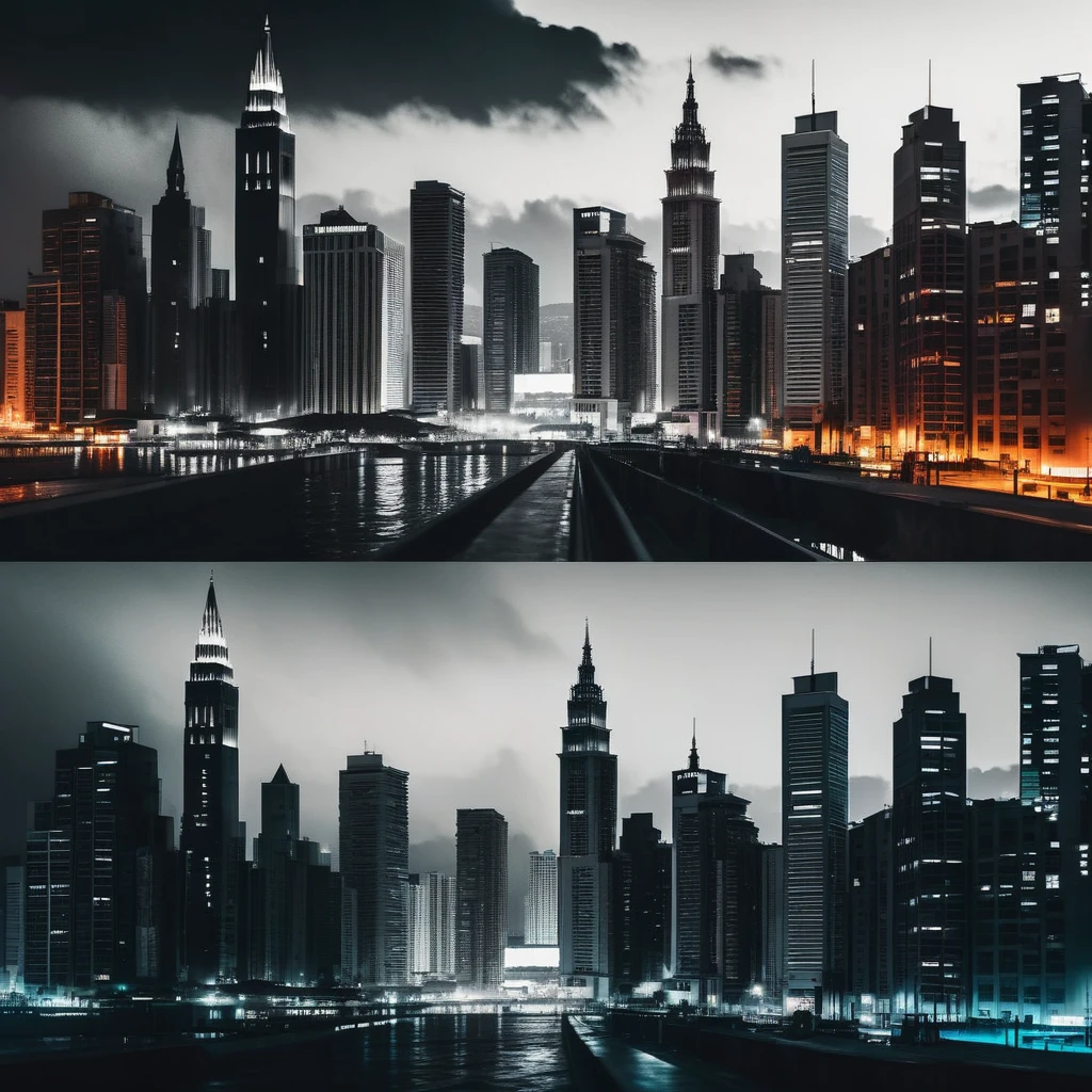 A cinematic skyline view of one megacity in split screen. Visualize a picture of a megacity which divides into two parts: One the left side of the image is in black and white filter in film noir style,  the second part on the right side is in colored, cyberpunk styled cyberpunk megacity,  photographic, realistic, volumetric lighting, cinematic lighting, contrast lighting, sharp focus, depth of field, raw photo, hdr, uhd, 4k, 35mm film