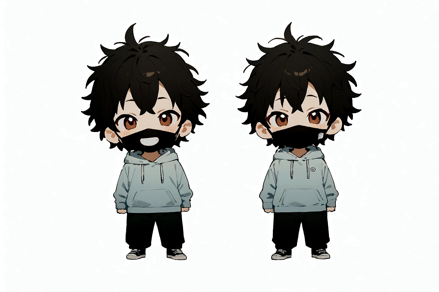 masterpiece,chibi,1man, tareme, black hair, mouth mask, full body, white background, simple background, very short hair, messy hair, hoodie, grin,