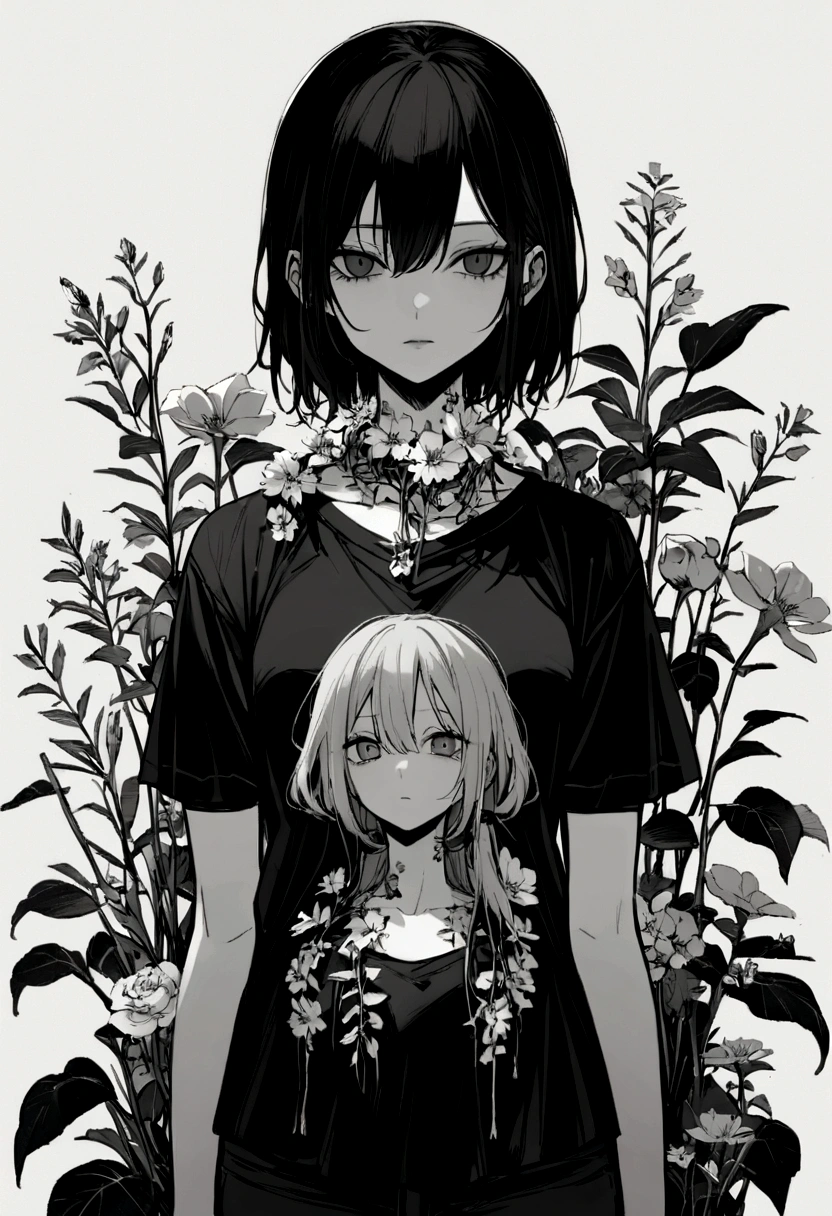 17-year-old girl, Dark look, whole body, Flowers growing on my neck, Flowers grow from multiple places on the body, T-Shirts
