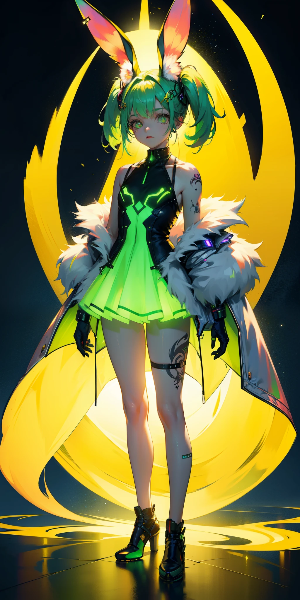 Rabbit technique , Science Fiction, Fluffy , 
1 girl, Tattoo, Glowing tattoo, Glowing eyes, Colorful glowing hair , Full body love, Green Hair,
  Kawaiitech, Soft colors, Kawaii, Lovely colors,