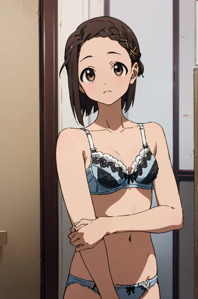 masterpiece, highres, 1girl, short hair, TokoUsagiharaR4, brown hair, brown eyes,, braid, brown eyes, brown hair, forehead,, hair ornament, hairclip,, looking at viewer, (((bra,panties))),my room