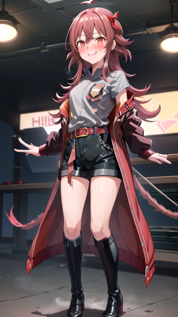 masterpiece, best quality, highres, akaho, long hair, ahoge, hair ribbon, red ribbon, letterman jacket, long sleeves, 手链, open jacket, collared shirt, grey shirt, Red belt, green shorts, plaid, black thighhighs, street, cowboy shot. :p、loafers、Long legs、Long legs、Absolute area、Micro Shorts、（Black knee socks:1.4) Grinning、Smile、is standing、Sweating:1.5), (steam:1.3), ((((blush))))),Absolute area、（black leather thigh boots）、a room、Hi-Res, 1girl in, ,},{{独奏,Boyish 1 Girl}} （High heels:1.4)