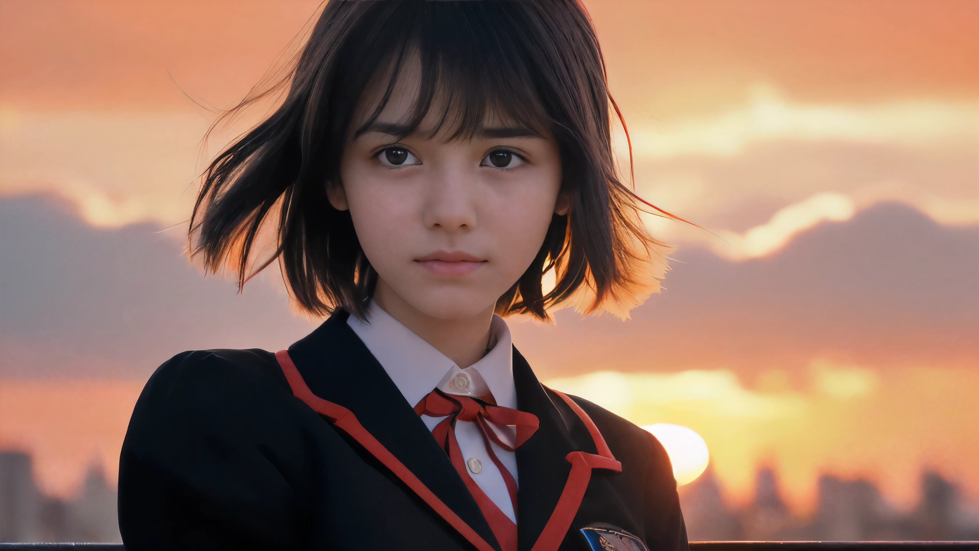 (Close up face shot of one slender small breasts two side up black medium hair bangs girl with little smile and crying with tears in long sleeves black school uniform:1.5)、(One girl is facedown at sunset red sky with her face is reflected sunset light and her hair is blowing in long sleeves black school uniform:1.5)、(Beautiful red sunset sky at skyscraper city landscape:1.5)、(8k ultra detailed master piece:1.5)、(Natural lighting:1.5)、(perfect anatomy:1.5)、(Photorealistic stick:1.5)、(Raw photo:1.3)、(highest quality:1.5)、(High resolution:1.3)、(Delicate and beautiful perfect face:1.3)、(Delicate and beautiful eye air skin:1.3)、(Real Human Skin:1.3)、((thin legs))