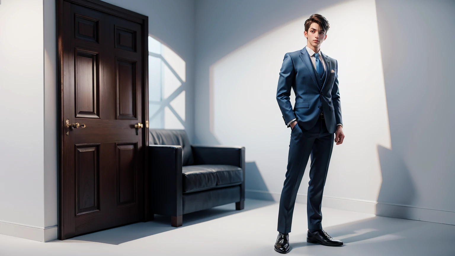 full body, straight standing pose, a young man, handsome, businessman blue suit, entrepreneur man, white background, simple white background,