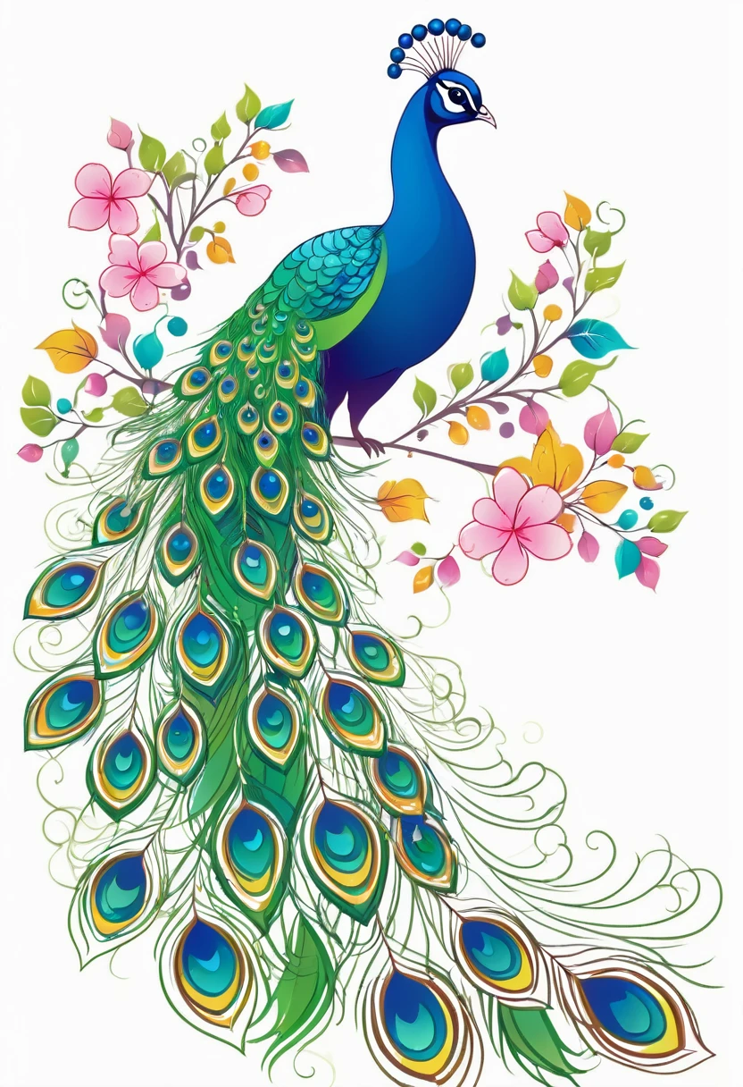 happy colored peacock, kawaii, outline, vector, white background