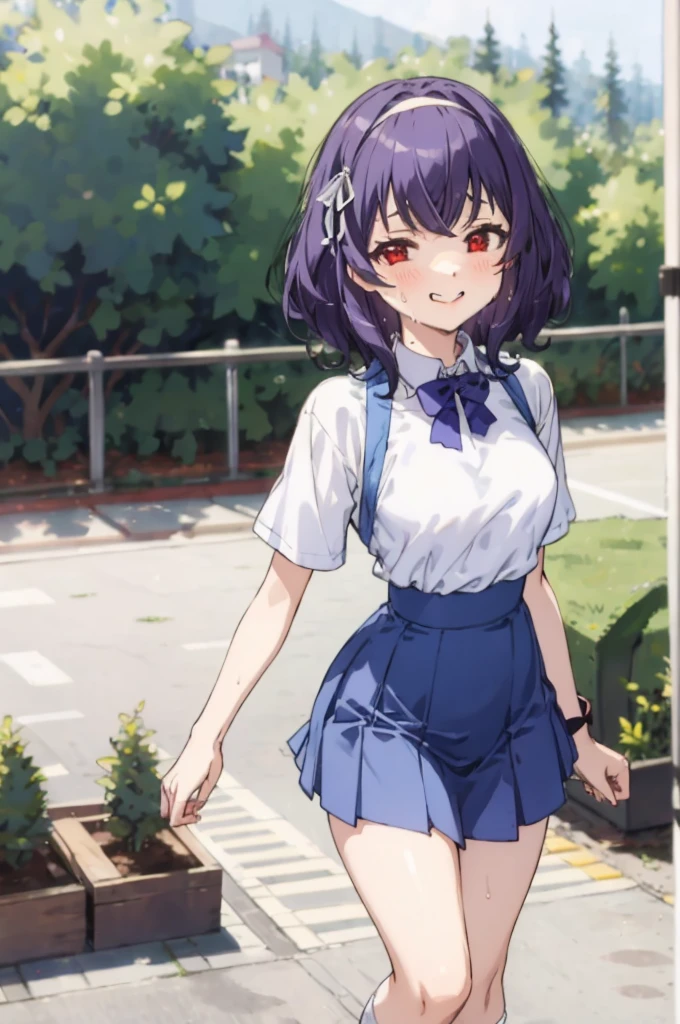 ,1girl, looking at viewer,
yamanobe tomo, purple hair, red eyes, medium hair,  , hairband,white shirts, short sleeves, blue skirt, high waist skirt,,, ,socks,standing,,outdoor,sweating,no bra