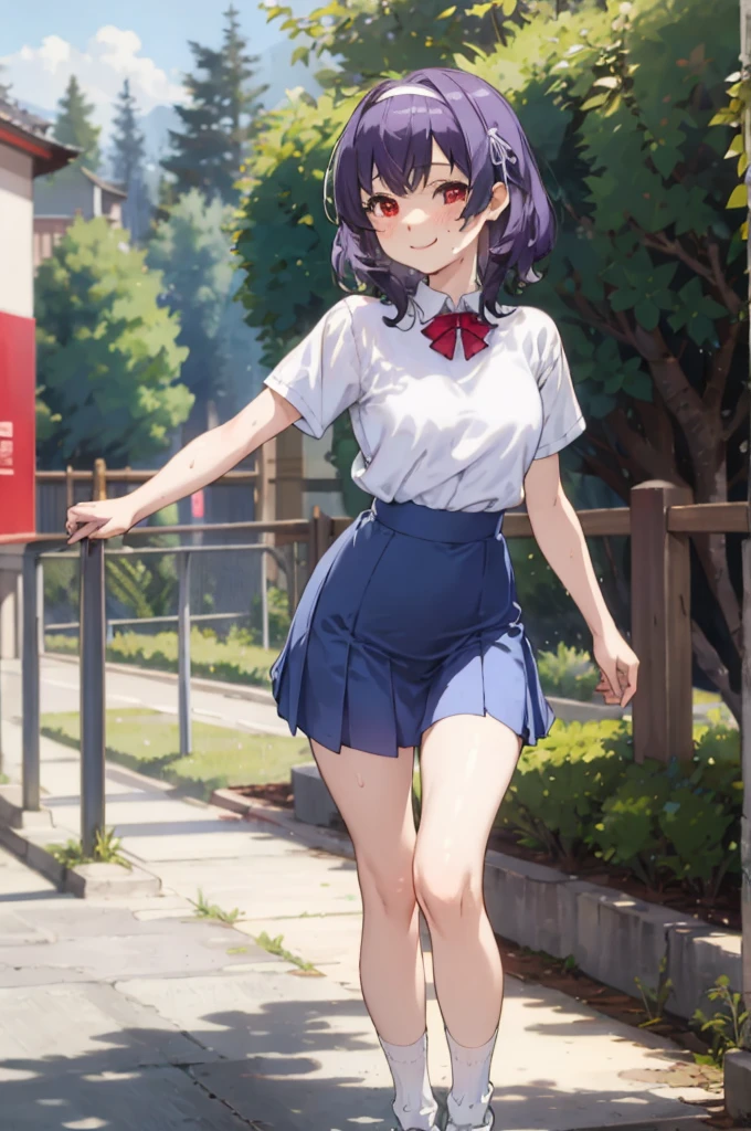 ,1girl, looking at viewer,
yamanobe tomo, purple hair, red eyes, medium hair,  , hairband,white shirts, short sleeves, blue skirt, high waist skirt,,, ,socks,standing,,outdoor,sweating,no bra