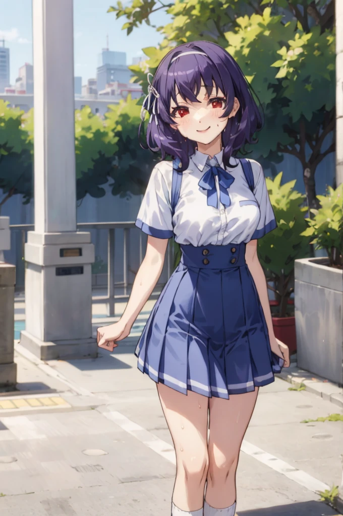 ,1girl, looking at viewer,
yamanobe tomo, purple hair, red eyes, medium hair,  , hairband,white shirts, short sleeves, blue skirt, high waist skirt,,, ,socks,standing,,outdoor,sweating,no bra