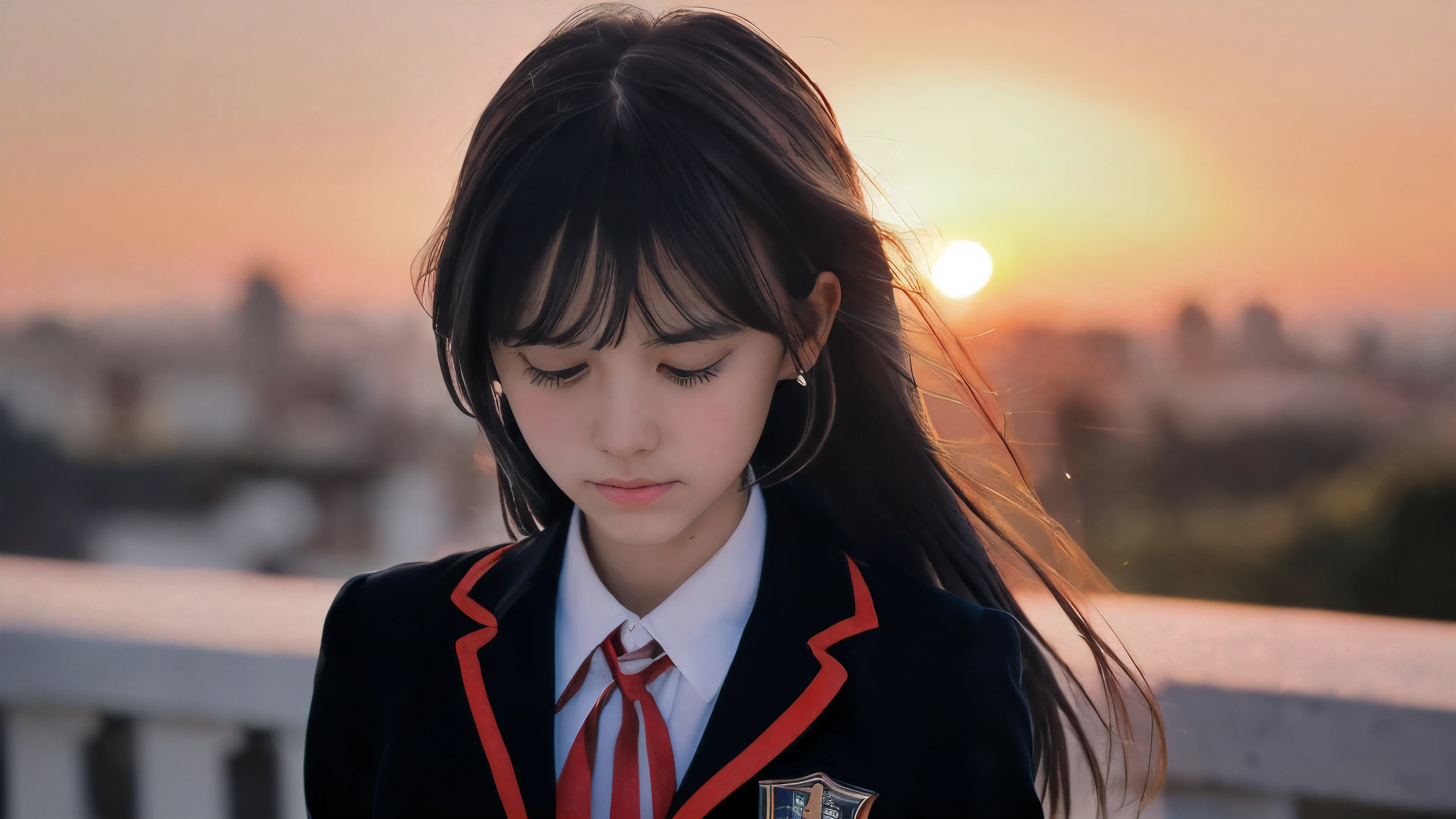 (Close up face shot of one slender small breasts two side up black medium hair bangs girl with crying face in long sleeves black school uniform:1.5)、(One girl is turn around at sunset red sky with her face is reflected sunset light and her hair is blowing in long sleeves black school uniform:1.5)、(Beautiful red sunset sky at skyscraper city landscape:1.5)、(8k ultra detailed master piece:1.5)、(Natural lighting:1.5)、(perfect anatomy:1.5)、(Photorealistic stick:1.5)、(Raw photo:1.3)、(highest quality:1.5)、(High resolution:1.3)、(Delicate and beautiful perfect face:1.3)、(Delicate and beautiful eye air skin:1.3)、(Real Human Skin:1.3)、((thin legs))